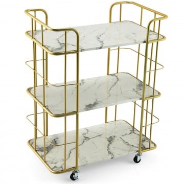 3-Tier Metal Kitchen Storage Serving Cart Trolley with Marble Tabletop and Handles