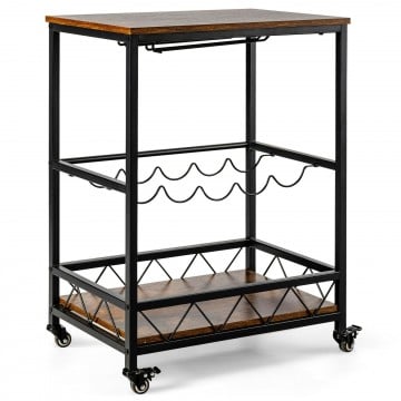 Kitchen Bar Cart Serving Trolley on Wheels with Wine Rack Glass Holder
