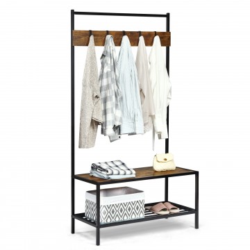 3-in-1 Industrial Coat Rack with 2-Tier Storage Bench and 5 Hooks