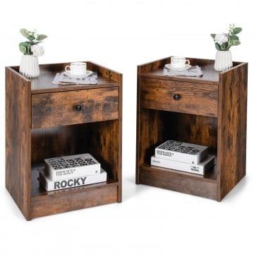 Set of 2 Nightstand with Drawer Cabinet End Side Table Raised Top