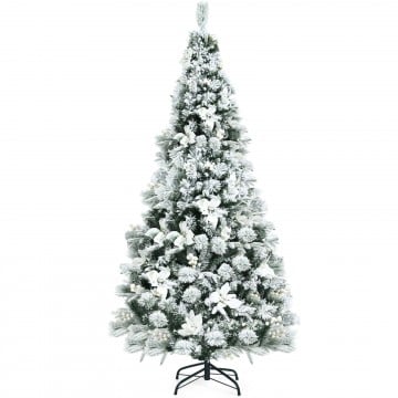 6 Feet Snow Flocked Hinged Christmas Tree with Berries and Poinsettia Flowers