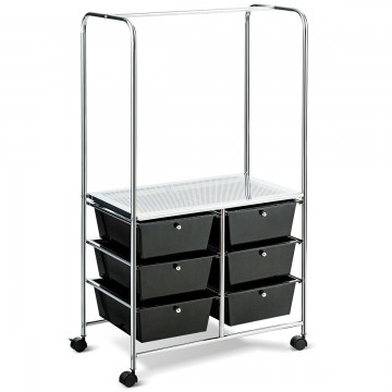 6 Drawer Rolling Storage Drawer Cart with Hanging Bar for Office School Home