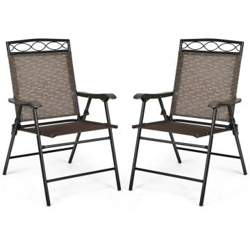 Set of 2 Patio Folding Chairs Sling Portable Dining Chair Set with Armrest