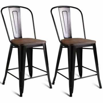 Set of 2 Copper Barstool with Wood Top and High Backrest