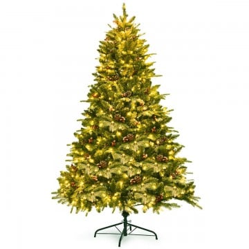 7 Feet Snow Flocked Christmas Tree with Pine Cone and Red Berries - Costway