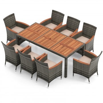 9 Pieces Rattan Patio Dining Set with Acacia Wood Table and Cushioned Chair
