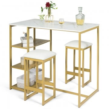 3 Pieces Dining Set with Rectangular Faux Marble and 3 Metal Storage Shelves