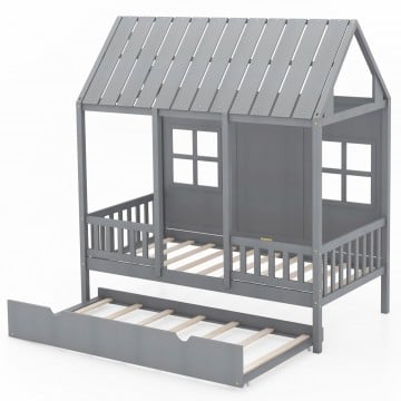 Twin Size Bed Frame House Bed with Trundle and 82 Inch Tall Roof