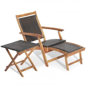 2 Pieces Patio Rattan Folding Lounge Chair with Acacia Wood Table