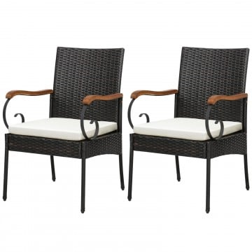Set of 2/4 Outdoor PE Wicker Chair with Acacia Wood Armrests