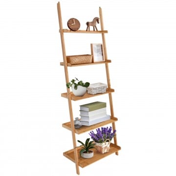 5-Tier Ladder Shelf Bamboo Bookshelf Wall-Leaning Storage Display Plant Stand