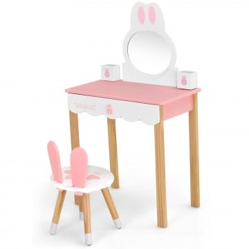 Kids Rabbit Vanity Table Chair Set with Mirror and Drawer