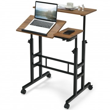 Mobile Stand up Computer Desk with 2 Tilting Desktops