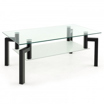 2-Tier Rectangular Glass Coffee Table with Metal Tube Legs
