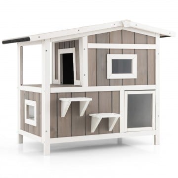 Outdoor 2-Story Wooden Feral Cat House with Escape Door