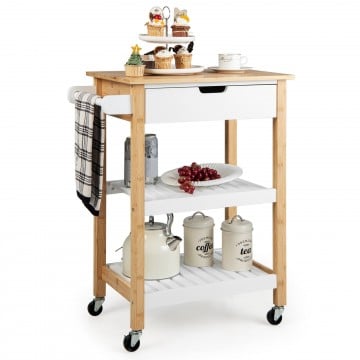 3-Tier Kitchen Island Cart Rolling Service Trolley with Bamboo Top
