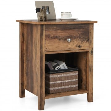 Wooden Nightstand with Slide-out Drawer and Open Shelf