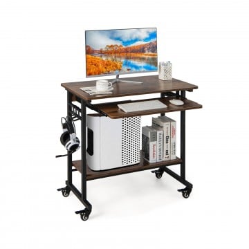 Rolling Laptop Table with Pull-out Keyboard Tray and Hooks