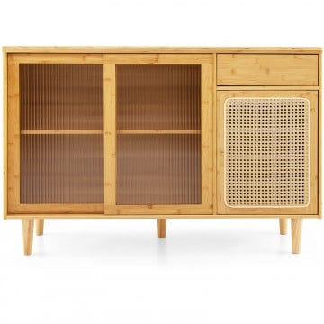 Modern Bamboo Buffet Sideboard Cabinet with Tempered Glass Sliding Doors