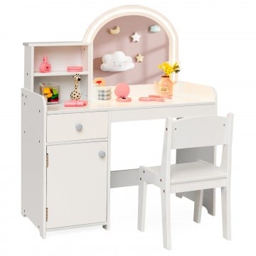Kids Vanity Table and Chair Set with Shelves Drawer and Cabinet