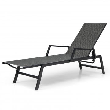 Outdoor Rattan Chaise Lounge Reclining Chair with Armrests and 5-Position Backrest
