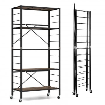 5-Tier Foldable Shelving Unit with Detachable Wheels and Anti-Toppling System