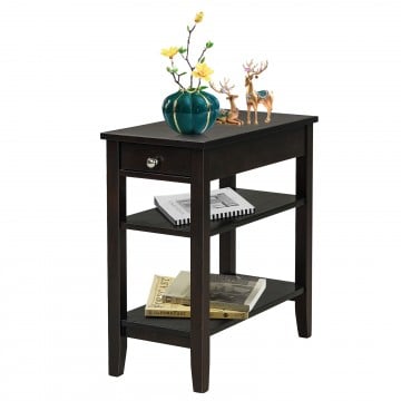 Side End Table with Drawer and 2-Tier Open Storage Shelves for Space Saving