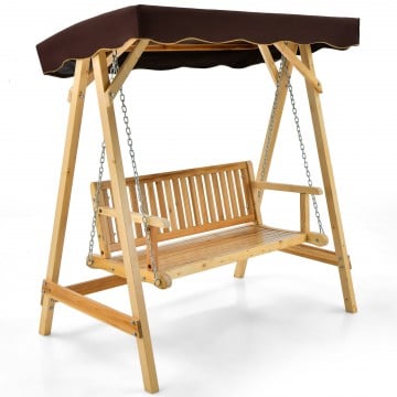 Patio Wooden Swing Bench Chair with Adjustable Canopy for 2 Persons