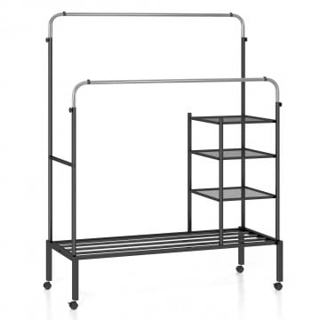 Rolling Double Rods Garment Rack with Height Adjustable Hanging Bars