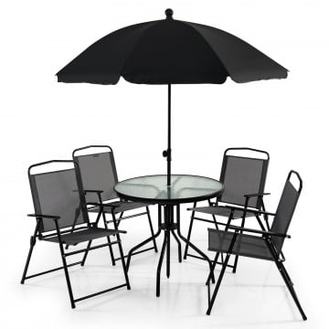 6 Pieces Patio Dining Set Folding Chairs Glass Table Tilt Umbrella for Garden