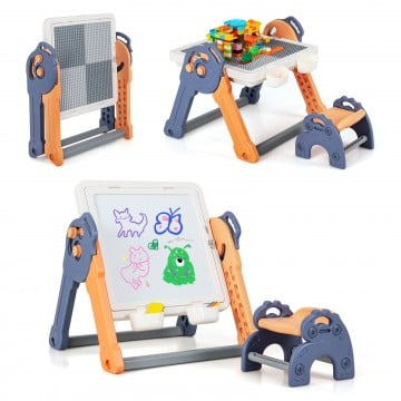 6-In-1 Folding Kids Art Easel with Reversible Building Block Tabletop