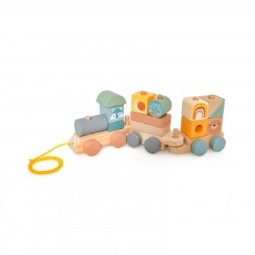 Wooden Toy Train Set with Stacking Wooden Blocks and Cute Animal Patterns