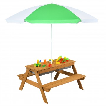 Kids 3-in-1 Outdoor Picnic Water Sand Table with Umbrella Play Boxes