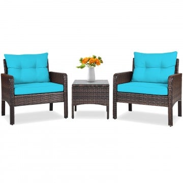 3 Pieces Outdoor Patio Rattan Conversation Set with Seat Cushions