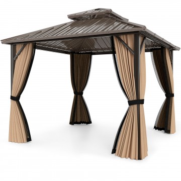 10 x 10/12 Feet Hardtop Gazebo with Netting and Curtain and Double-Roof Galvanized Metal Top