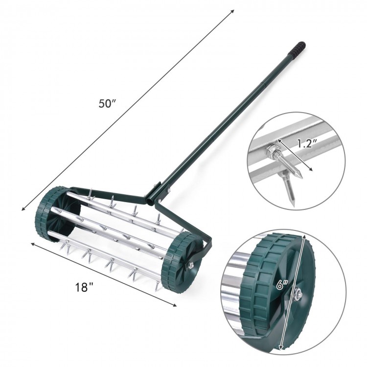 18-inch rolling lawn aerator with tine spikes and anti-slip handle, designed for efficient lawn aeration and easy use.