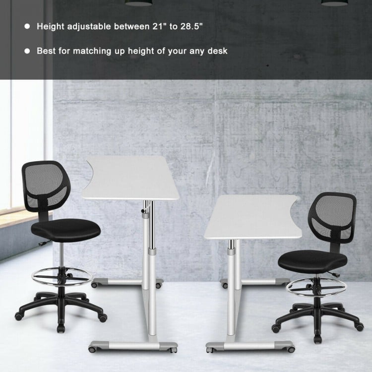 Adjustable height mid back mesh drafting office chair with ergonomic lumbar support, 360-degree swivel, and universal.