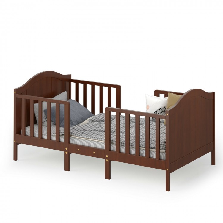 Classic convertible wooden toddler bed in brown with guardrails, easily transforms into two kids' chairs for versatile.