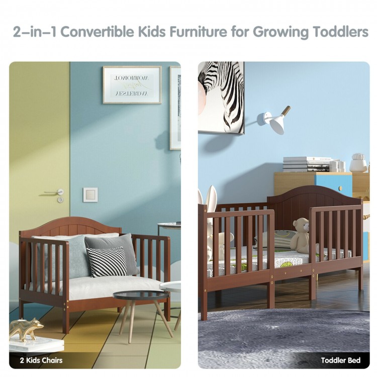 Convertible wooden toddler bed in brown with guardrails, transforms into 2 kids' chairs for versatile use.