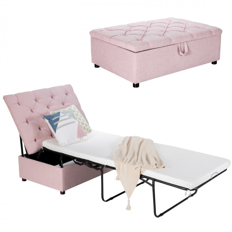Folding ottoman sleeper bed in pink with a thick mattress, ideal for guest beds or office naps, featuring a compact.