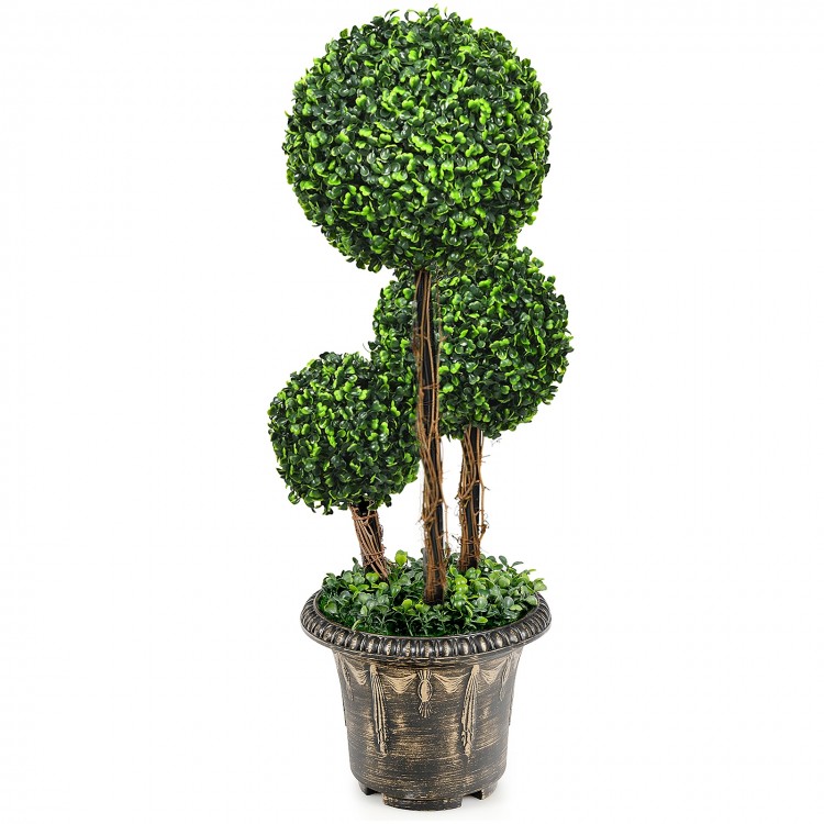 30-inch artificial topiary triple ball tree with UV protection, featuring realistic PE leaves in a decorative cement.