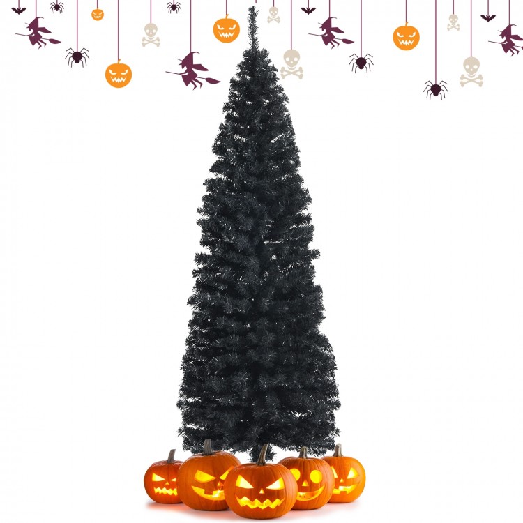 Black 6-foot unlit artificial pencil tree with metal stand, perfect for Halloween decoration with pumpkins.