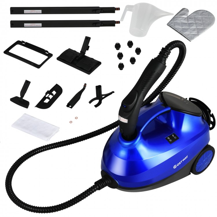 2000W multi-purpose steam cleaner mop in blue with detachable handheld unit and 19 accessories for versatile cleaning.