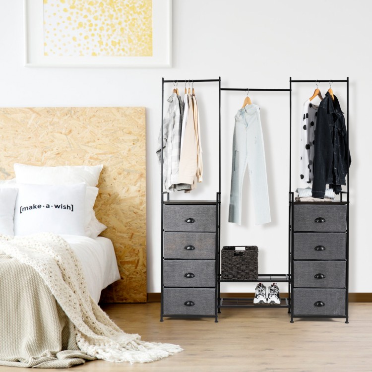 Multifunctional dresser with 8 fabric drawers, metal rack, and hanging rods for organized bedroom storage.