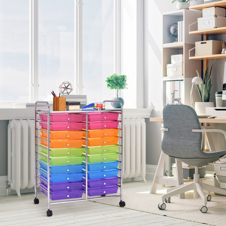 Colorful 20-drawer rolling cart with metal frame and wheels, ideal for organizing art supplies in home or office.