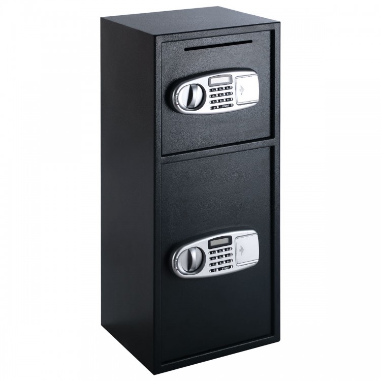 Digital safe box with two doors, solid steel construction, programmable lock, and easy-access deposit slot for added.