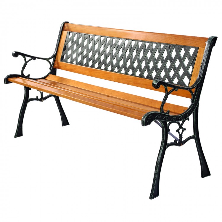 Outdoor cast iron patio bench with solid wood seat, decorative backrest, and sturdy structure for three adults.