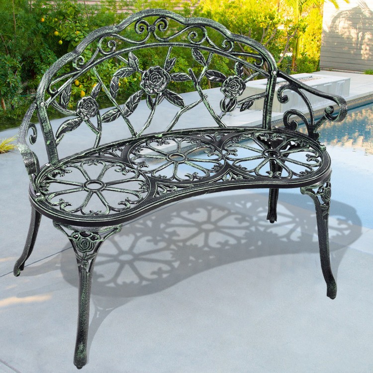 Elegant antique rose cast aluminum patio bench in antique green, perfect for garden or outdoor relaxation.