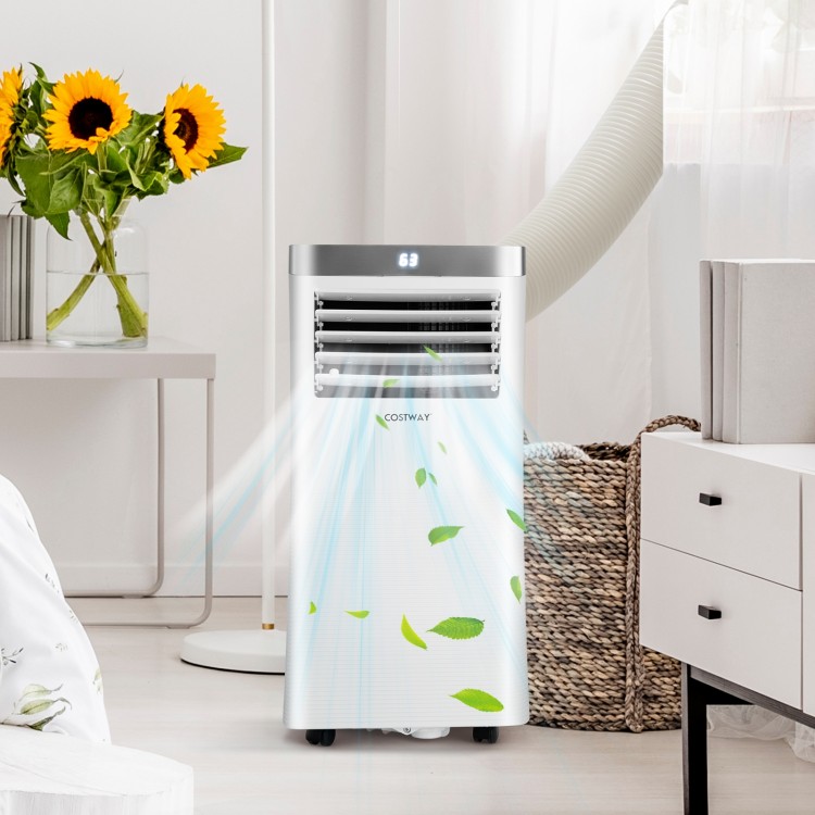 8000 BTU portable air conditioner in white with remote control, ideal for cooling and dehumidifying any room.