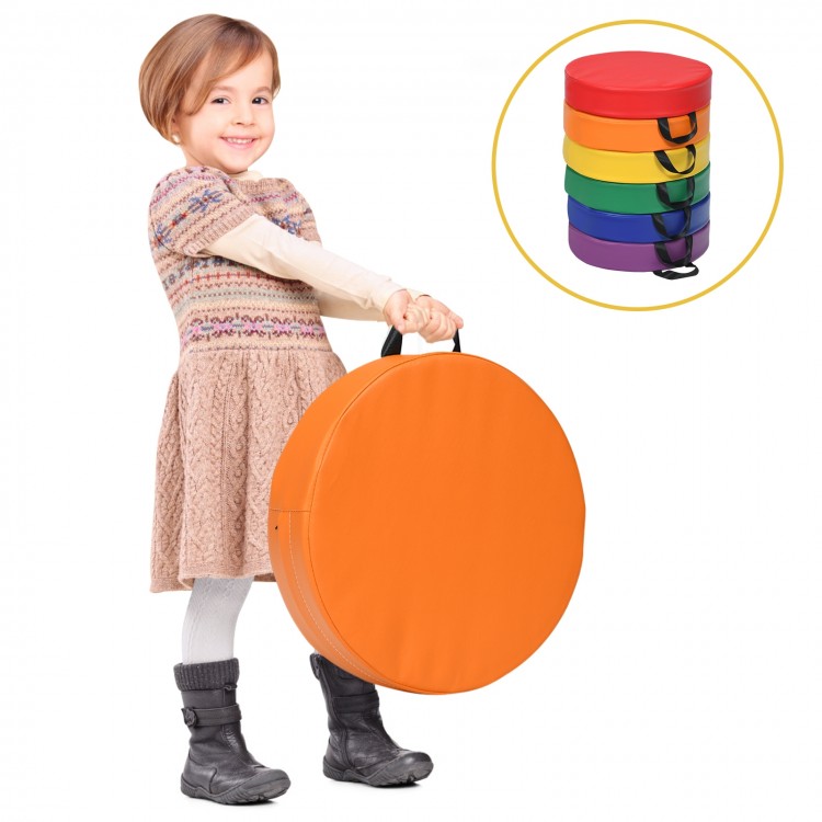Multicolor 15-inch round toddler floor cushions with ergonomic handle, perfect for kids' comfort and creativity.